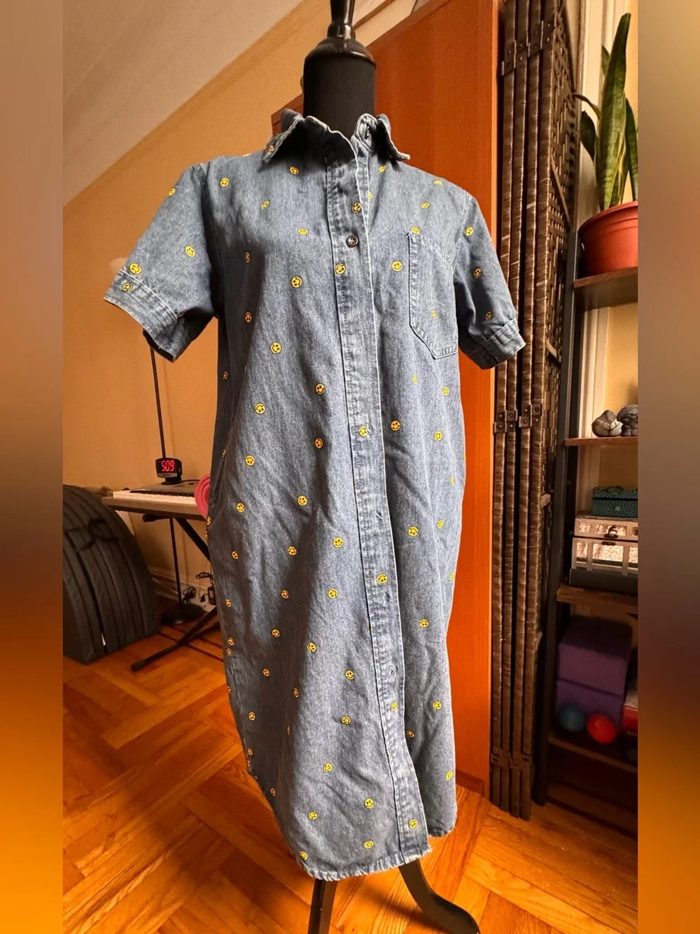 Denim Shirt Dress with Yellow Smile Embroidery - Kids
